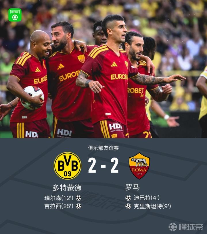 多特蒙德2-2战平罗马,迪巴拉与瑞尔森各有表现