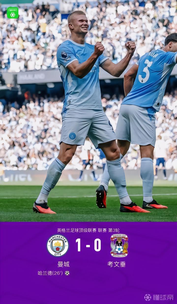 曼城1-0考文垂,哈兰德头球破门,恩佐首秀